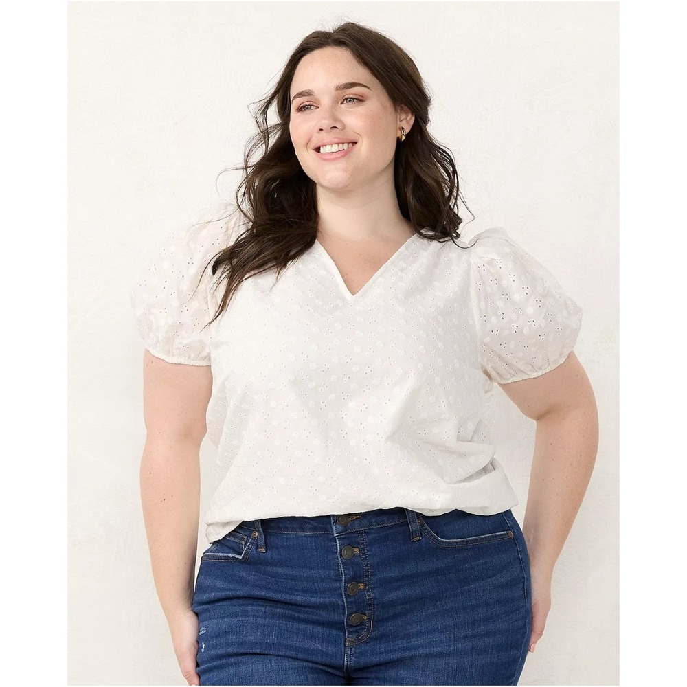 LC Lauren Conrad White Eyelet Puff Sleeve V-Neck Blouse Top Size XXL Cottagecoe